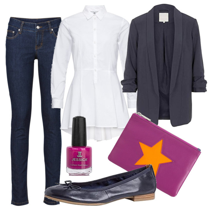 Outfit donna - La camicia lunga avvitata. Stile Bon Ton per Ufficio. Abbinamento con camicie, jeans skinny, pochette, blazer, ballerine, smalti.