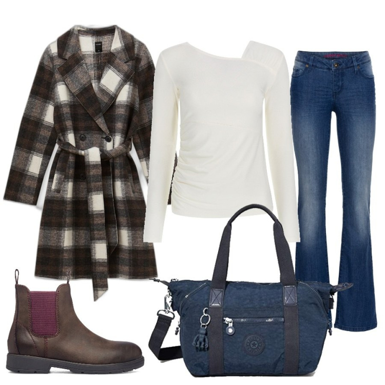 Outfit donna - Con il cappottino a quadri. Stile Casual per Tutti i giorni. Abbinamento con jeans bootcut, cappotti, maglieria, stivaletti, borse a secchiello.