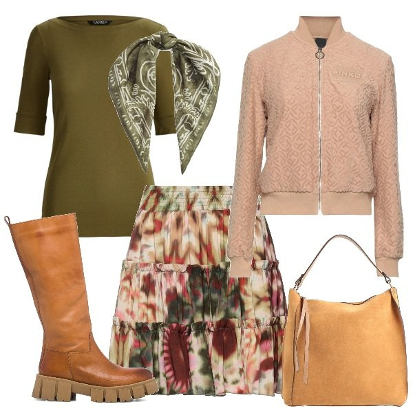 Outfit donna - Il Glam con i colori del bosco. Stile Glamour per Tutti i giorni. Abbinamento con minigonne, giacche, borse a mano, maglieria, foulard, stivali.