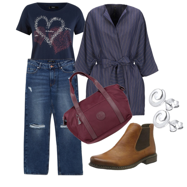 Outfit donna - Cuori in città. Stile Casual chic per Tutti i giorni. Abbinamento con t-shirt, blazer, borse a mano, jeans dritti, stivaletti chelsea, orecchini.