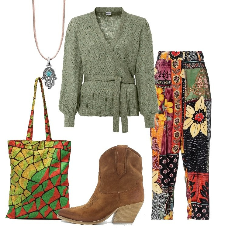 Outfit donna - Sapore etnico. Stile Etnico per Tutti i giorni. Abbinamento con maglieria, pantaloni, borse a spalla, stivali, ciondoli.