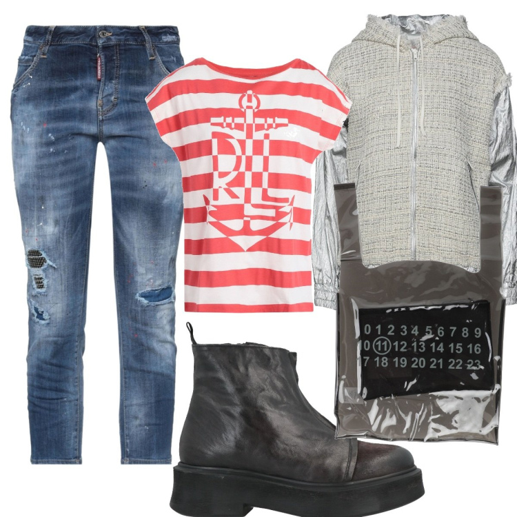 Outfit donna - On the street. Stile Urban per Tutti i giorni. Abbinamento con stivaletti, borse a mano, giacche, jeans strappati, t-shirt.