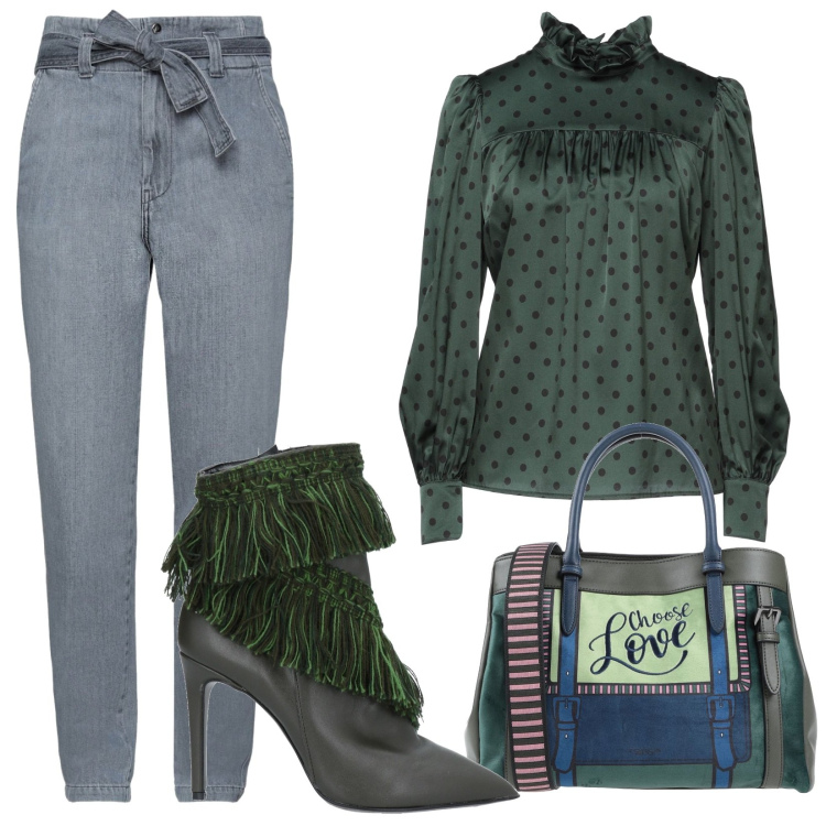 Outfit donna - Total look #1421363. Stile Casual chic per Tutti i giorni. Abbinamento con bluse, borse a mano, jeans dritti, stivaletti.