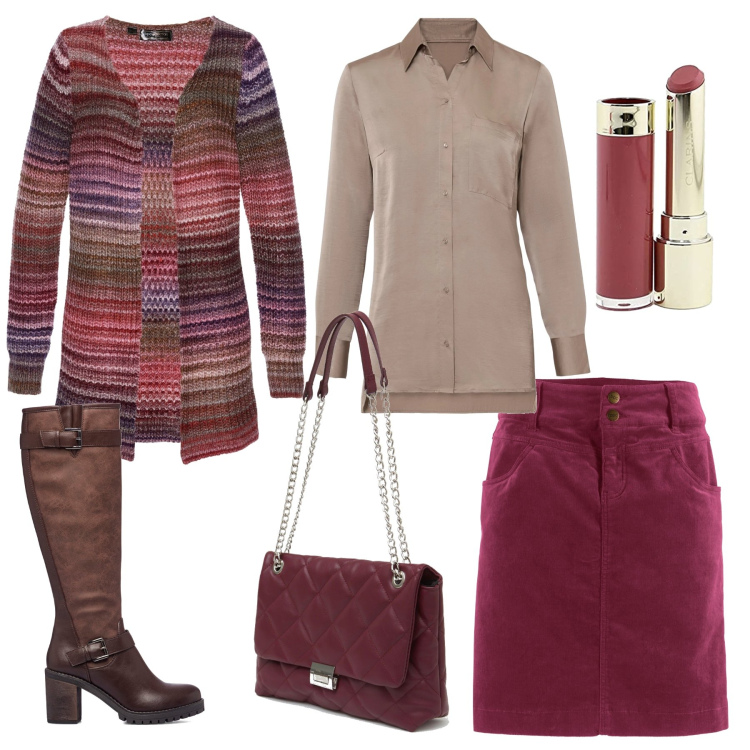 Outfit donna - Cardigan e stivali. Stile Basic per Tutti i giorni. Abbinamento con gonne lunghe, cardigans, camicie, borse a spalla, stivali, rossetti.