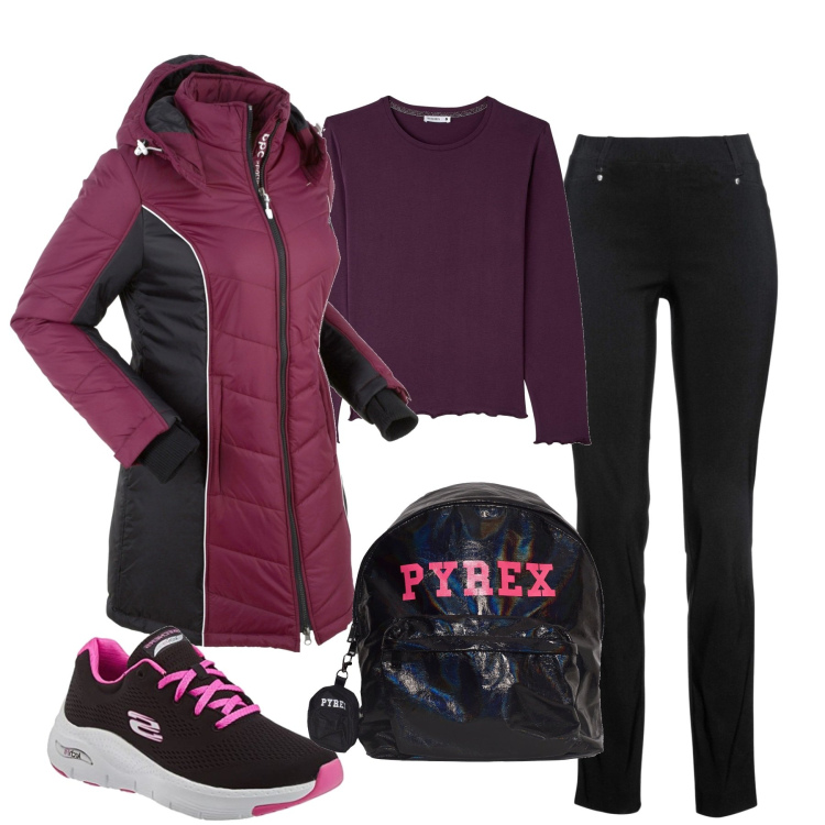 Outfit donna - A scuola. Stile Casual per Scuola/Università. Abbinamento con blazer, pantaloni, t-shirt, zaini, sneakers.
