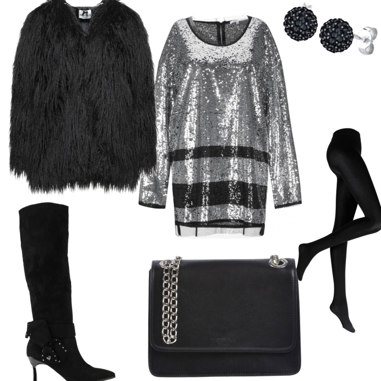 Outfit donna - Vestito paillettes fantasia bicolore. Stile Trendy per Serata fuori. Abbinamento con collant, vestiti corti, cappotti, stivali, borse a tracolla, orecchini.
