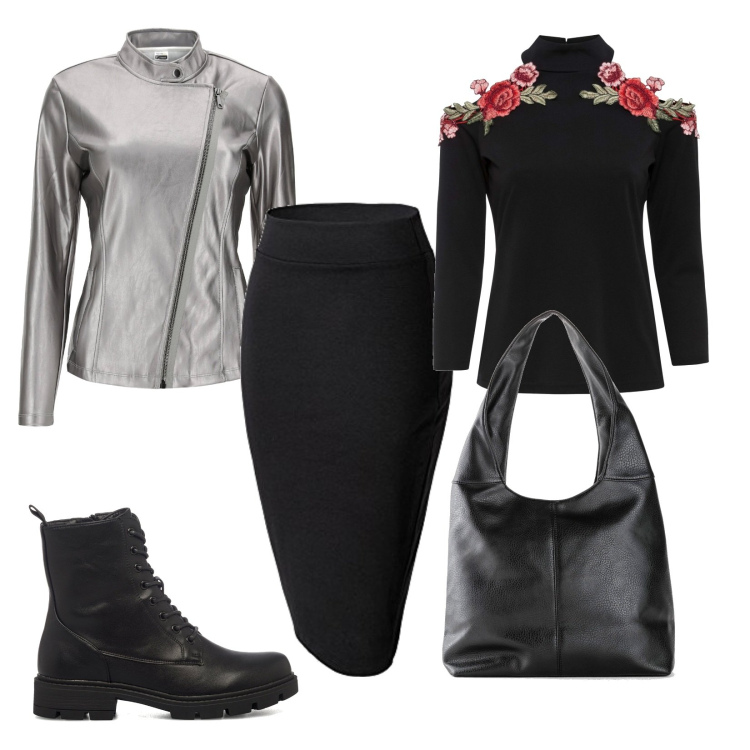 Outfit donna - Autunno rock. Stile Rock per Tutti i giorni. Abbinamento con maglieria, borse a spalla, giacche, anfibi, gonne longuette.