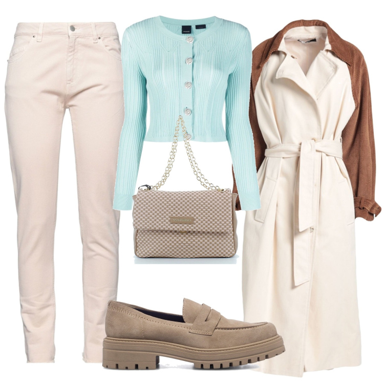 Outfit donna - Mocassini beige. Stile Casual chic per Tutti i giorni. Abbinamento con cappotti, jeans, cardigans, borse a tracolla, mocassini.