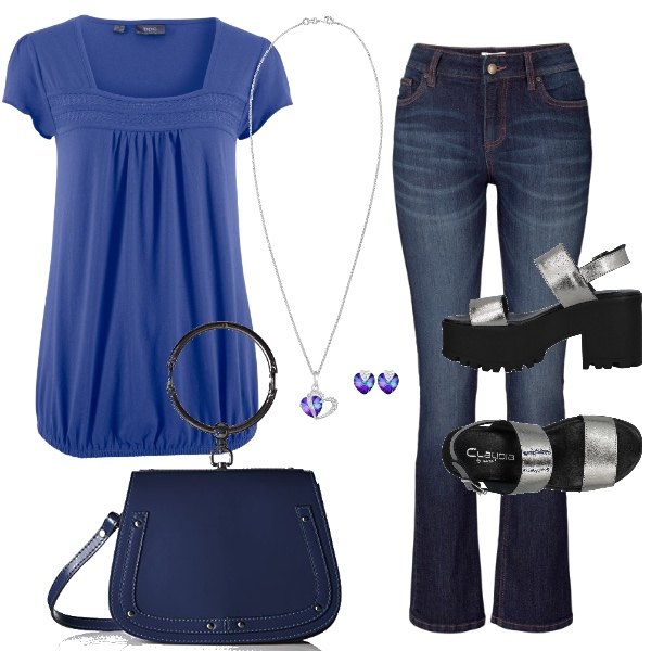 Outfit donna - Basic #12672. Stile Basic per Tutti i giorni. Abbinamento con jeans bootcut, maglia con pizzo e scollo a maniche corte, sandali, sabot, mules e ciabattine trendy, collane, shopping bag blu.