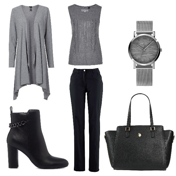 Outfit donna - In grigio stat virtus. Stile Casual chic per Tutti i giorni. Abbinamento con borse a mano, cardigans, top, pantaloni, stivaletti, orologi analogici.