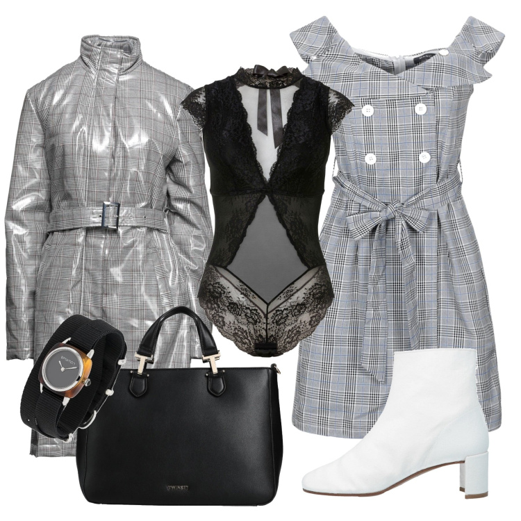 Outfit donna - Quadri e quadretti. Stile Glamour per Ufficio. Abbinamento con body, vestiti corti, borse a mano, cappotti, stivaletti, orologi.