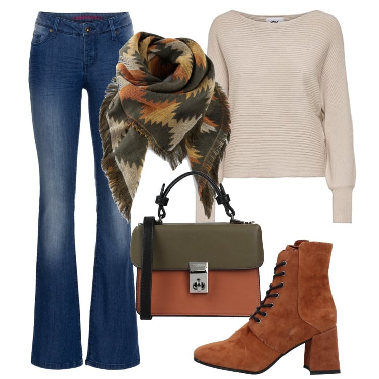 Outfit donna - Petit bag. Stile Basic per Tutti i giorni. Abbinamento con jeans bootcut, foulard, stivaletti, borse a mano, maglieria.
