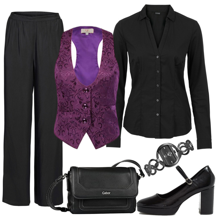 Outfit donna - Il gilet di tendenza. Stile Mannish per Serata fuori. Abbinamento con camicie, pantaloni a palazzo, scarpe col tacco, gilet, borse a tracolla, orologi.