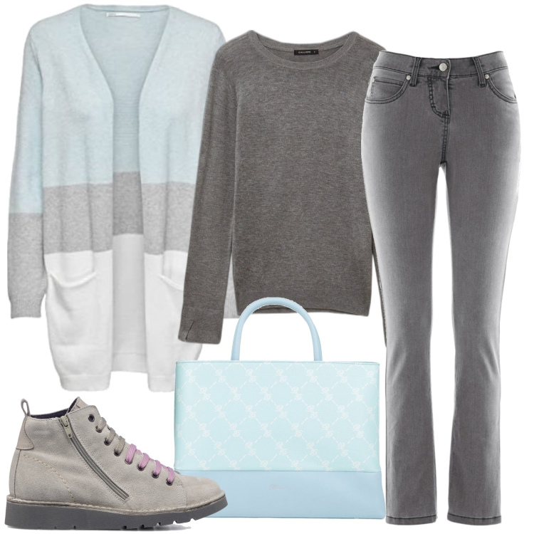 Outfit donna - I primi freddi. Stile Casual per Tutti i giorni. Abbinamento con jeans slim fit, borse a mano, maglieria, stivaletti, cardigans.