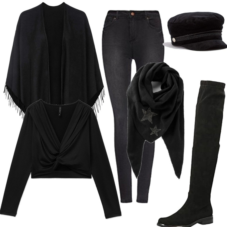 Outfit donna - Total black. Stile Basic per Tutti i giorni. Abbinamento con foulard, cappotti, cappelli con visiera, t-shirt, stivali sopra il ginocchio, jeans.