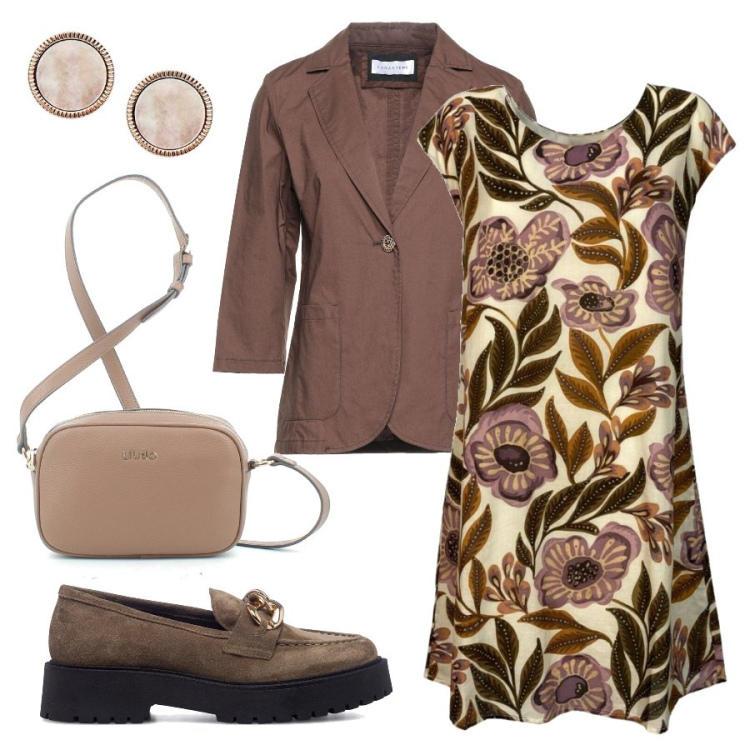Outfit donna - Fiori autunnali. Stile Casual chic per Serata fuori. Abbinamento con blazer, vestiti, borse a tracolla, mocassini, orecchini.