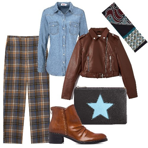 Outfit donna - Col foulard e il chiodo. Stile Urban per Tutti i giorni. Abbinamento con camicie, cappotti, pantaloni capri, foulard, pochette, stivaletti.