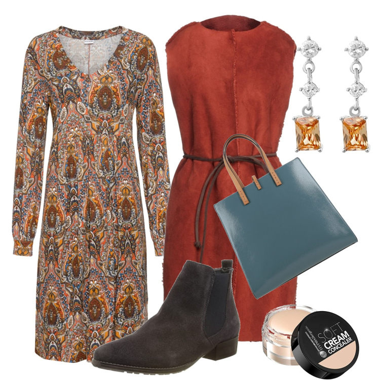Outfit donna - Il soprabito smanicato. Stile Boho per Tutti i giorni. Abbinamento con vestiti, cappotti, borse a mano, stivaletti chelsea, correttori, orecchini.