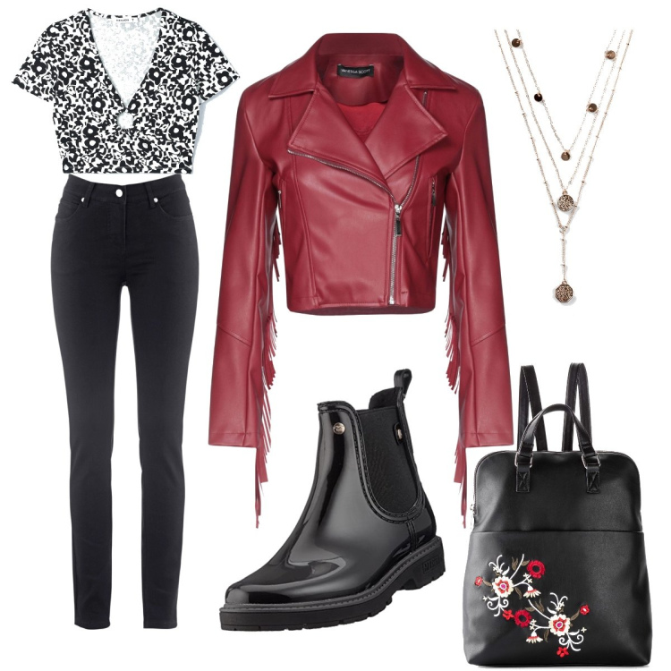Outfit donna - Il chiodo bordeaux. Stile Rock per Serata fuori. Abbinamento con jeans dritti, zaini, ciondoli, giacche, t-shirt, stivaletti chelsea.