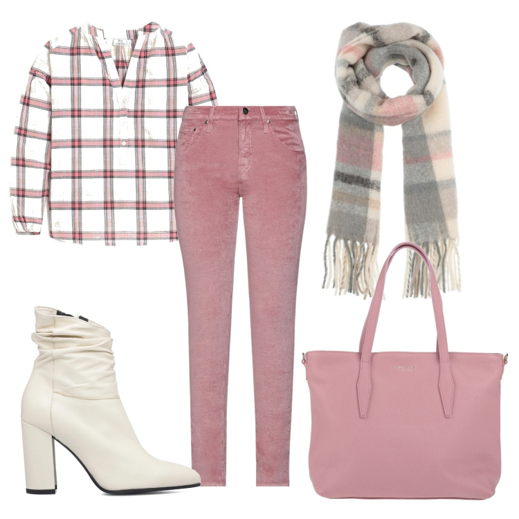 Outfit donna - Country chic. Stile Casual chic per Tutti i giorni. Abbinamento con pantaloni, borse a mano, sciarpe, bluse, stivaletti.