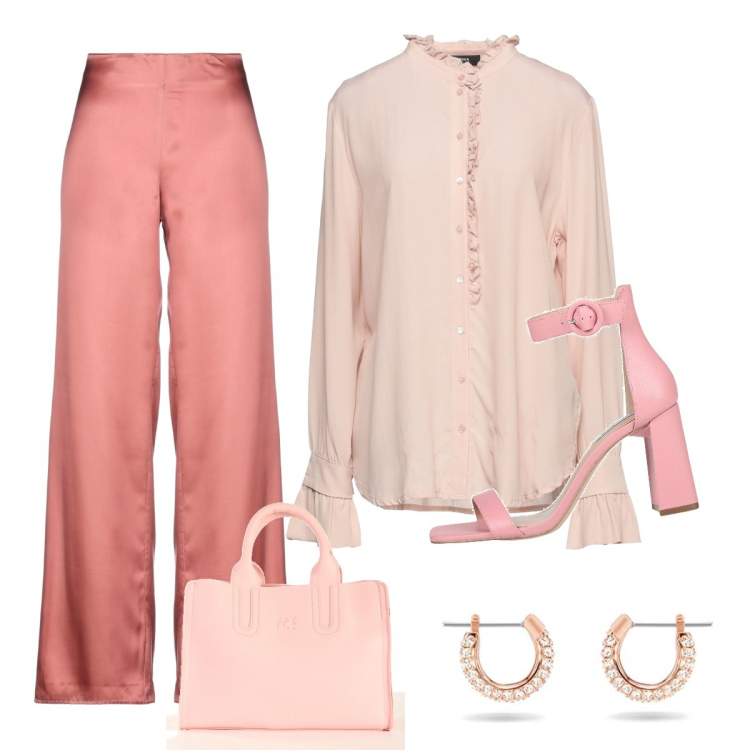 Outfit donna - Chic #14449. Stile Chic per Serata fuori. Abbinamento con sandali col tacco, pantaloni, camicie, shopping bag, orecchini.
