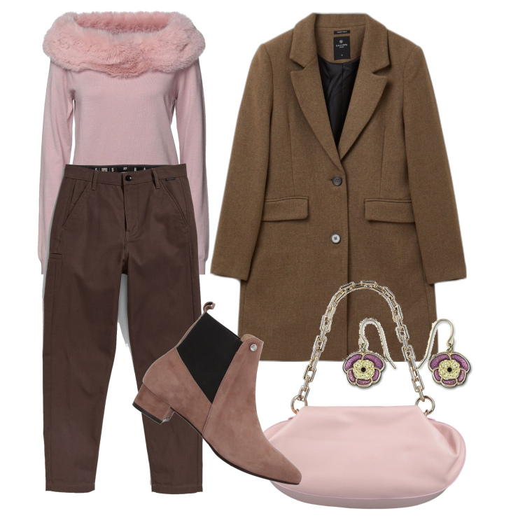 Outfit donna - Uno scollo civettuolo. Stile Chic per Serata fuori. Abbinamento con stivaletti, pullovers, borse a mano, cappotti, pantaloni, orecchini.