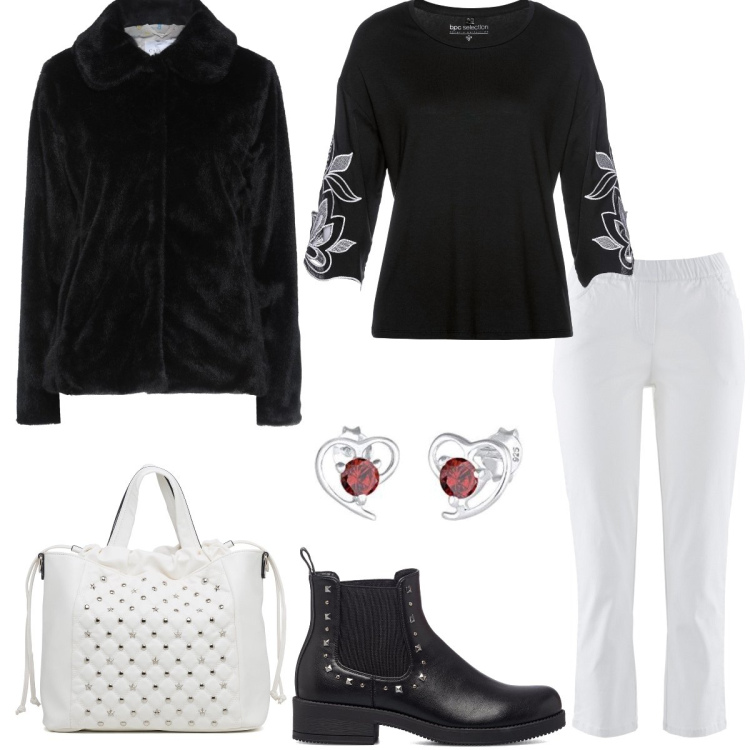 Outfit donna - Black and white. Stile Casual chic per Ufficio. Abbinamento con pantaloni, maglieria, cappotti, borse a mano, stivaletti, orecchini.