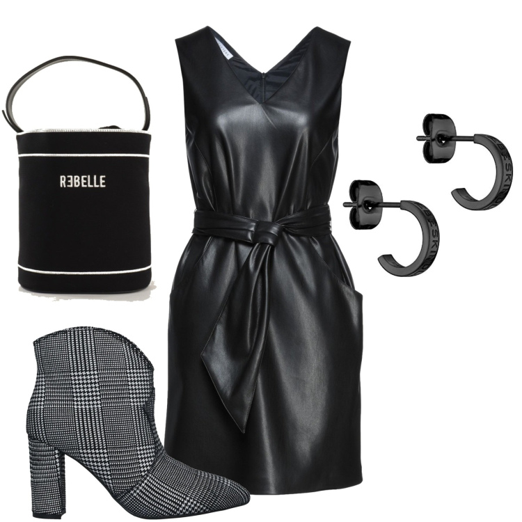 Outfit donna - Tubino in pelle. Stile Trendy per Serata fuori. Abbinamento con stivaletti, vestiti corti, borse a secchiello, orecchini.