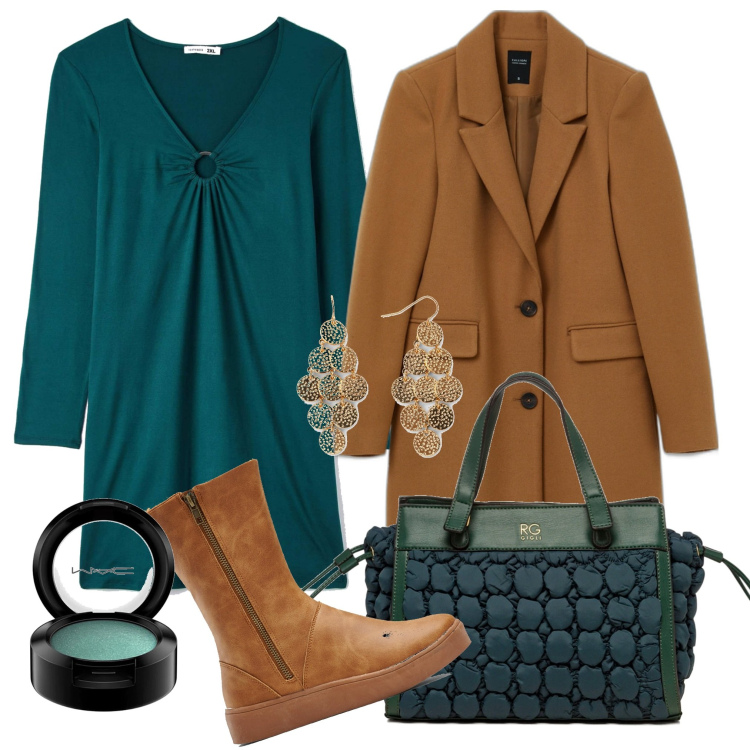 Outfit donna - Ottanio e cammello. Stile Chic per Ufficio. Abbinamento con stivali, orecchini, vestiti, cappotti, borse a secchiello, ombretti.