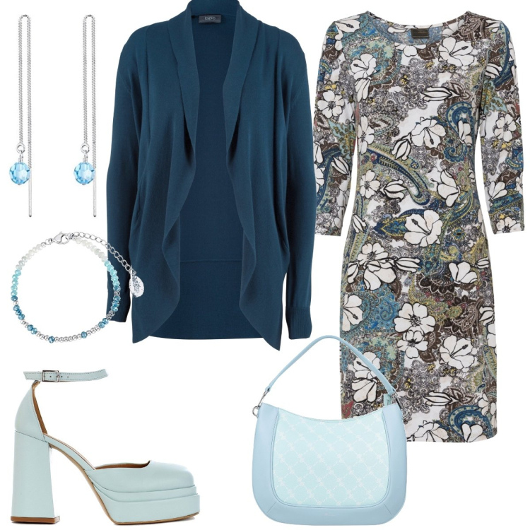 Outfit donna - Chic in celeste. Stile Chic per Tutti i giorni. Abbinamento con cardigans, vestiti, borse a mano, décolleté, orecchini, braccialetti.