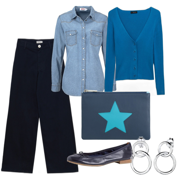 Outfit donna - Il té con la mia amica. Stile Casual per Tutti i giorni. Abbinamento con camicie, pantaloni, cardigans, pochette, ballerine, orecchini.