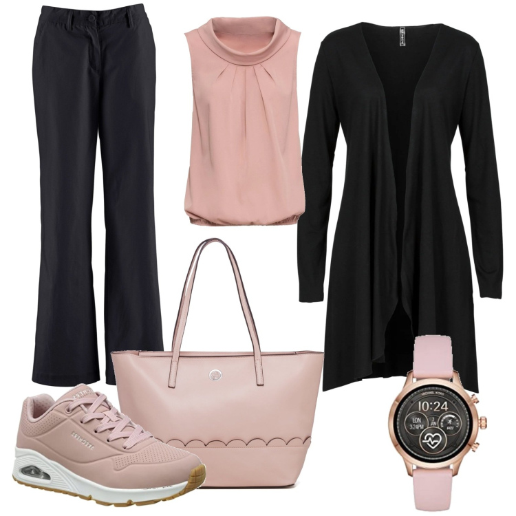 Outfit donna - Black pink sporty chic. Stile Casual chic per Tutti i giorni. Abbinamento con cardigans, top, pantaloni, borse a spalla, sneakers, orologi.