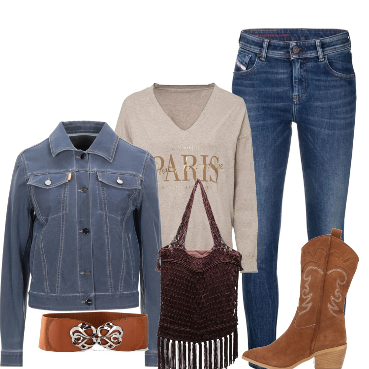 Outfit donna - In città. Stile Boho per Tutti i giorni. Abbinamento con cinture, maglieria, stivaletti, giacche, jeans skinny, borse a spalla.
