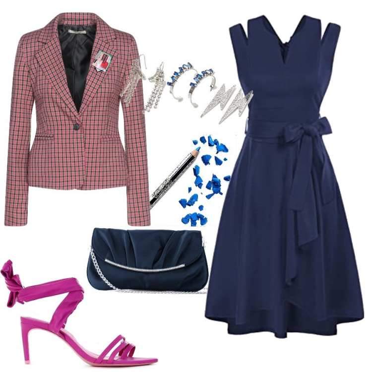 Outfit donna - Total look #1422760. Stile Chic per Tutti i giorni. look ideale per Petite. Abbinamento con pochette, blazer, sandali in pelle, orecchini, vestiti senza maniche, eyeliner.
