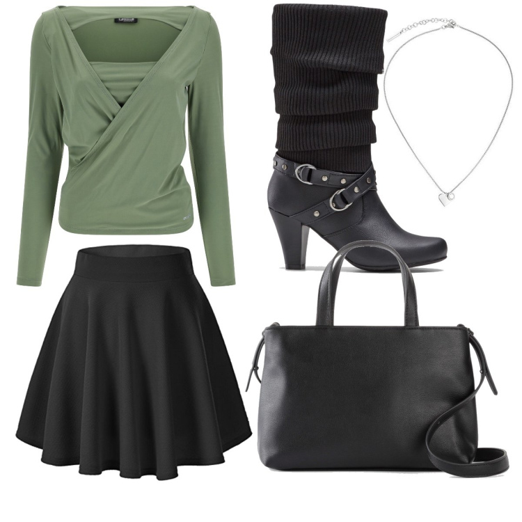 Outfit donna - Serata al cinema. Stile Casual per Serata fuori. Abbinamento con stivali, borse a mano, maglieria, gonne, collane.