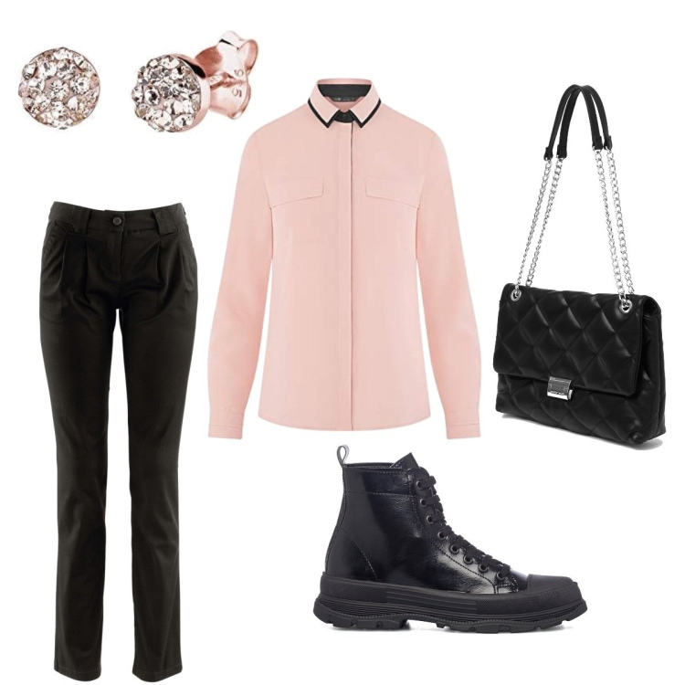 Outfit donna - La camicetta rosa. Stile Basic per Ufficio. Abbinamento con pantaloni chino, borse a spalla, anfibi, camicie, orecchini.