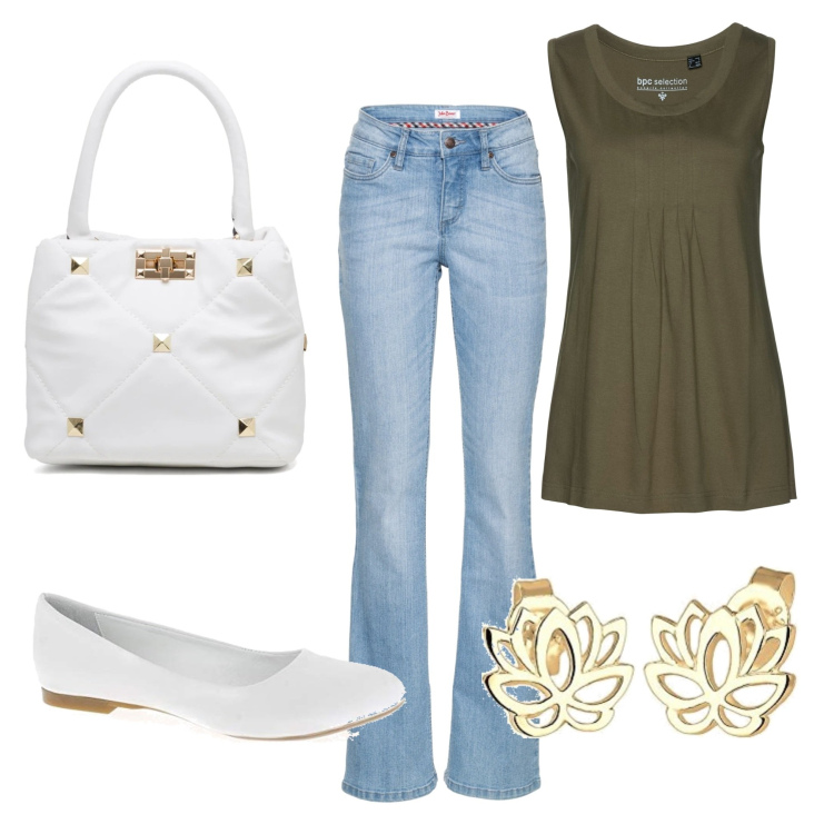 Outfit donna - Borsa con le borchie. Stile Casual chic per Tutti i giorni. Abbinamento con jeans bootcut, top, borse a mano, orecchini, ballerine.