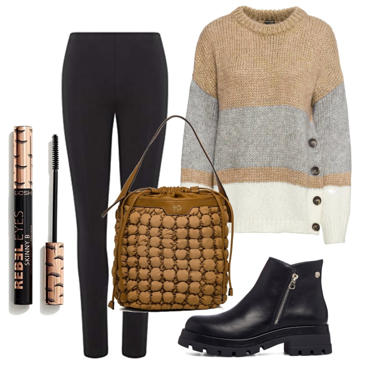 Outfit donna - Maglione oversize. Stile Basic per Tutti i giorni. Abbinamento con maglieria, stivaletti, borse a secchiello, leggings, mascara.