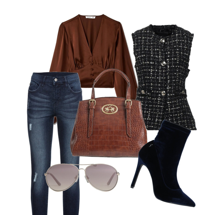 Outfit donna - Deep blue. Stile Casual chic per Tutti i giorni. Abbinamento con jeans strappati, blazer, borse a mano, stivaletti, occhiali da sole, bluse.
