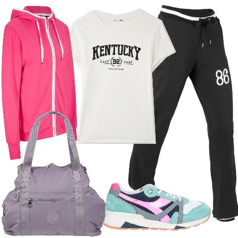 Outfit donna - E\' ora di palestra. Stile Sporty chic per Sport. Abbinamento con pantaloni sportivi, felpe con cappuccio, sneakers, borse sportive, t-shirt.