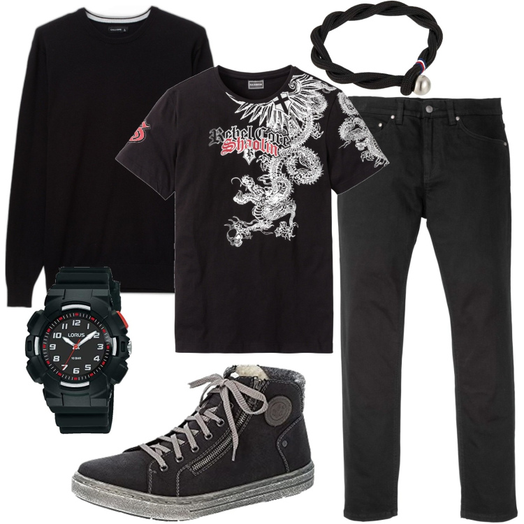 Outfit uomo - Draghi e rock\'n\'roll. Stile Biker Rock per Serata speciale. Abbinamento con jeans slim fit, t-shirt, maglieria, stivali, braccialetti, orologi.