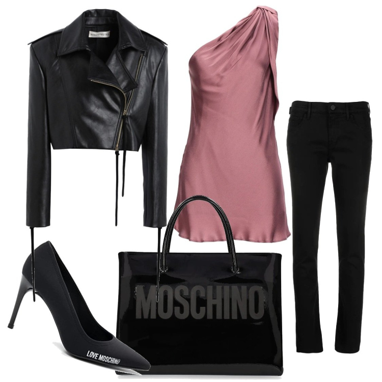 Outfit donna - Rosa antico e nero. Stile Trendy per Serata fuori. Abbinamento con top, giacche, pantaloni skinny, décolleté, shopping bag.