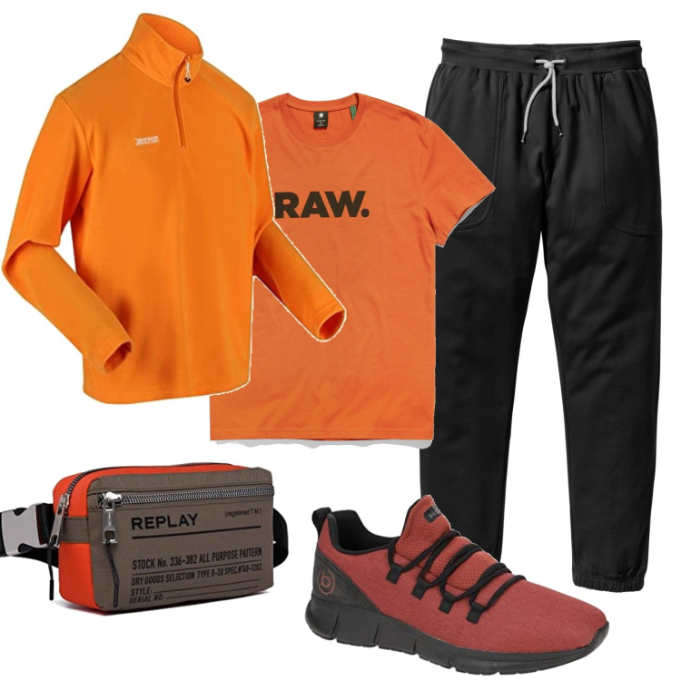 Outfit uomo - Sportivo in nero e arancio. Stile Urban per Sport. Abbinamento con pantaloni sportivi, t-shirt, sneakers, borse sportive, maglieria.