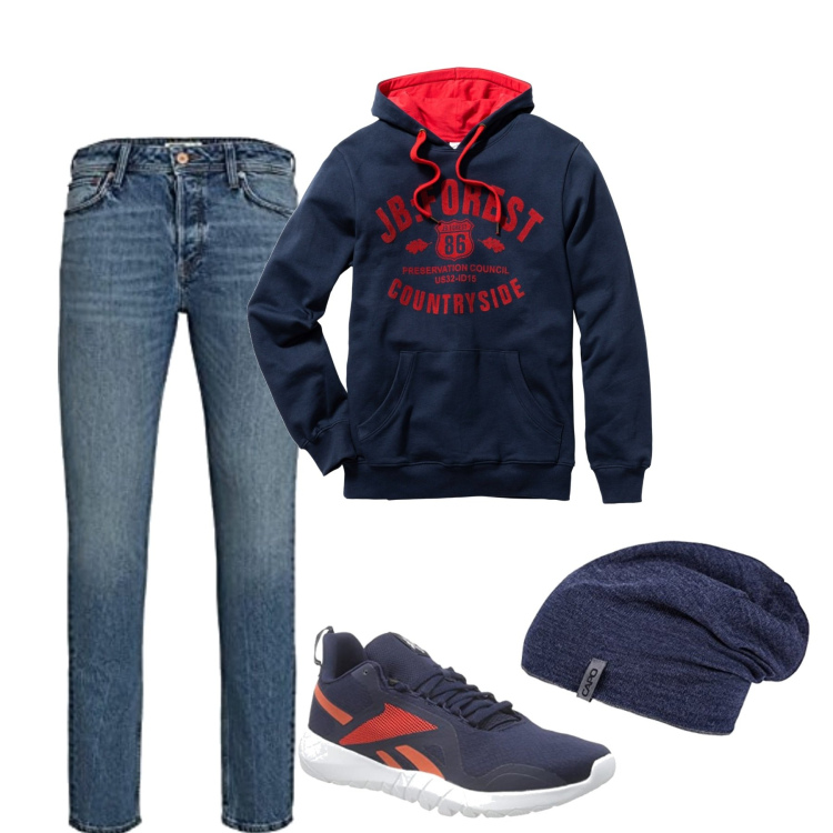 Outfit uomo - In città. Stile Casual per Tutti i giorni. Abbinamento con felpe con cappuccio, berretti, sneakers, jeans slim fit.