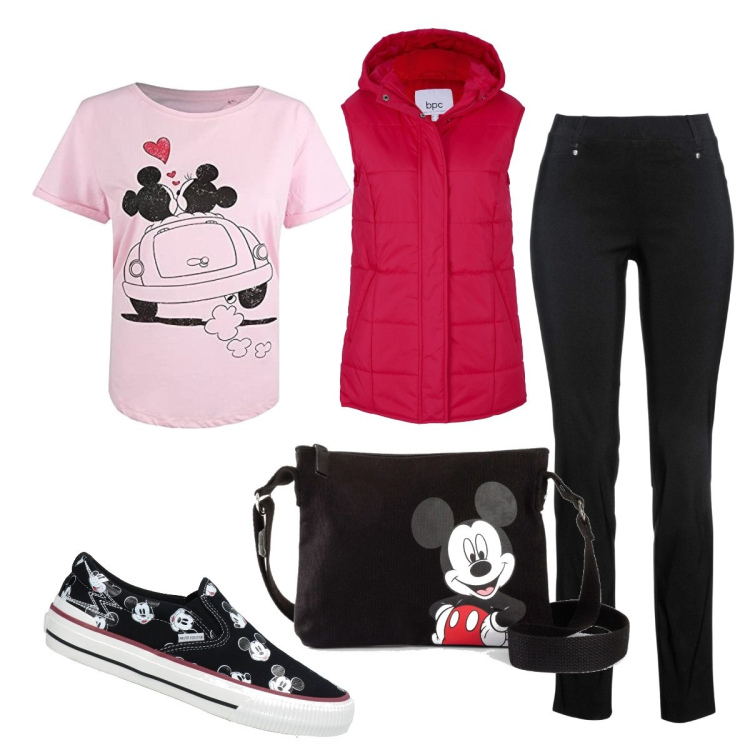 Outfit donna - Total look #1423336. Stile Casual per Tutti i giorni. Abbinamento con pantaloni, borse a tracolla, gilet, sneakers, t-shirt.