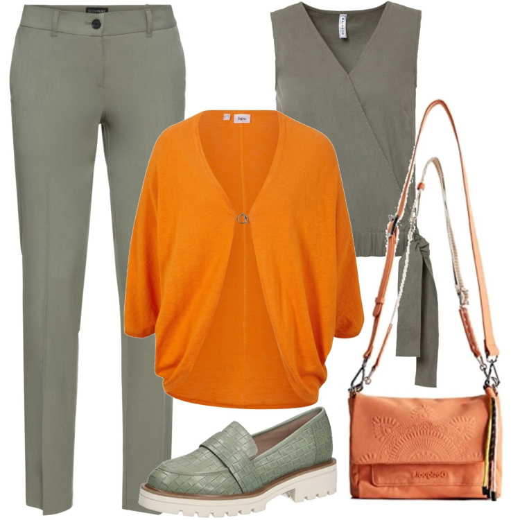 Outfit donna - Vitamine d\'autunno. Stile Trendy per Tutti i giorni. Abbinamento con pantaloni, cardigans, camicie, mocassini, borse a tracolla.
