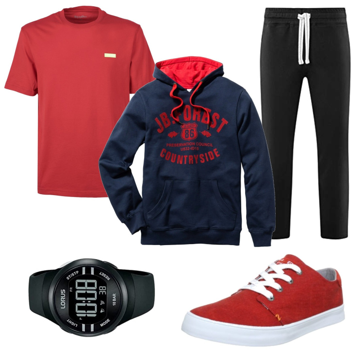 Outfit uomo - Comodo. Stile Casual per Tutti i giorni. Abbinamento con felpe con cappuccio, t-shirt, pantaloni, orologi digitali, sneakers.