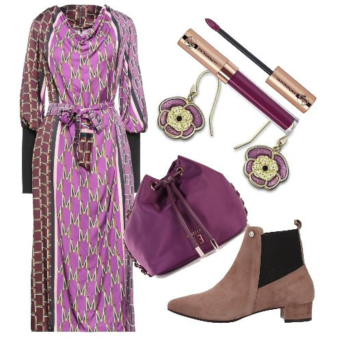 Outfit donna - Boho di sera. Stile Boho per Serata fuori. Abbinamento con stivaletti, vestiti midi/longuette, borse a tracolla, orecchini, rossetti.
