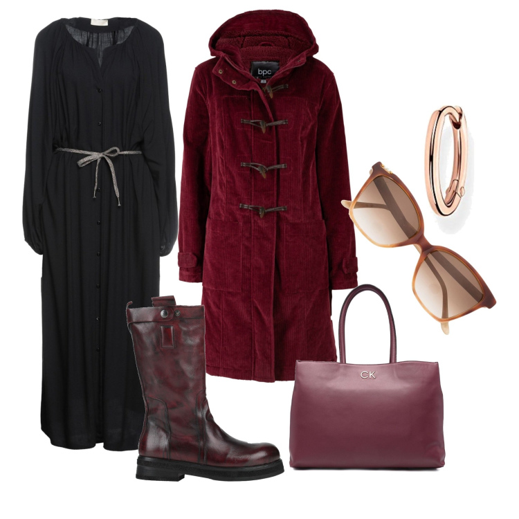 Outfit donna - Freddo ma col sole. Stile Casual chic per Tutti i giorni. Abbinamento con montgomery, stivali, vestiti lunghi, shopping bag, occhiali da sole, orecchini.