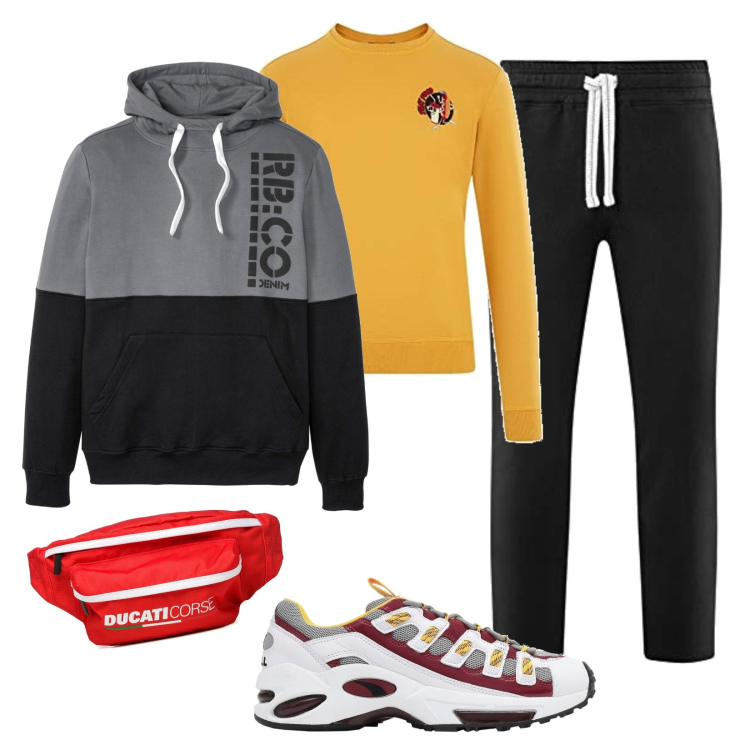 Outfit uomo - Pomeriggi in città. Stile Urban per Tutti i giorni. Abbinamento con felpe con cappuccio, sneakers, borse sportive, felpe, pantaloni.